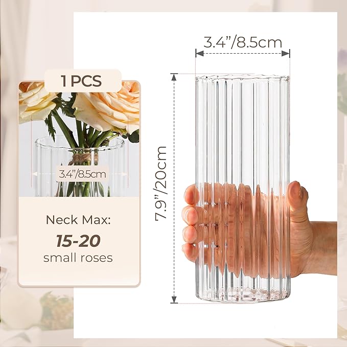 ComSaf Glass Cylinder Vase 8 Inch Tall, Clear Ribbed Decor for Centerpieces | Decorative Flower Vase, Hurricane Floating Candle Holder, Wedding Decor, Reception Table, Home Accent, Housewarming Gift