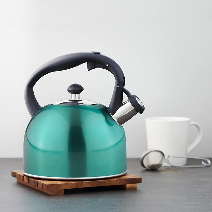 Amazon Basics Stovetop Whistling Tea Kettle, Fast Boiling, Stainless Steel, Food Grade, Ergonomic Handle, 2.3 Liter, Teal