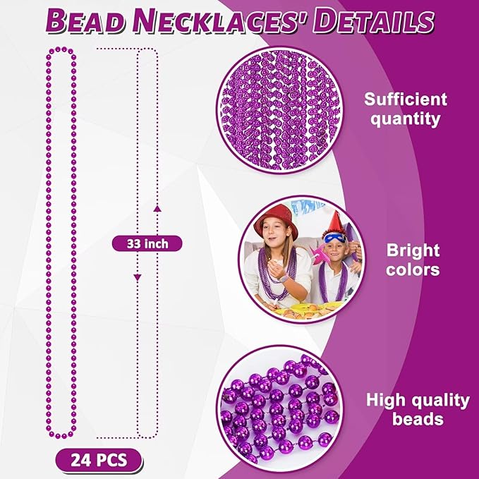 24PCS Mardi Gras Beads, Purple Bead Necklace Party Favors, 33" Halloween Necklaces Set, Festival Parade Events Throw Accessories for Halloween Mardi Gras Wedding Birthday Celebrations Decor