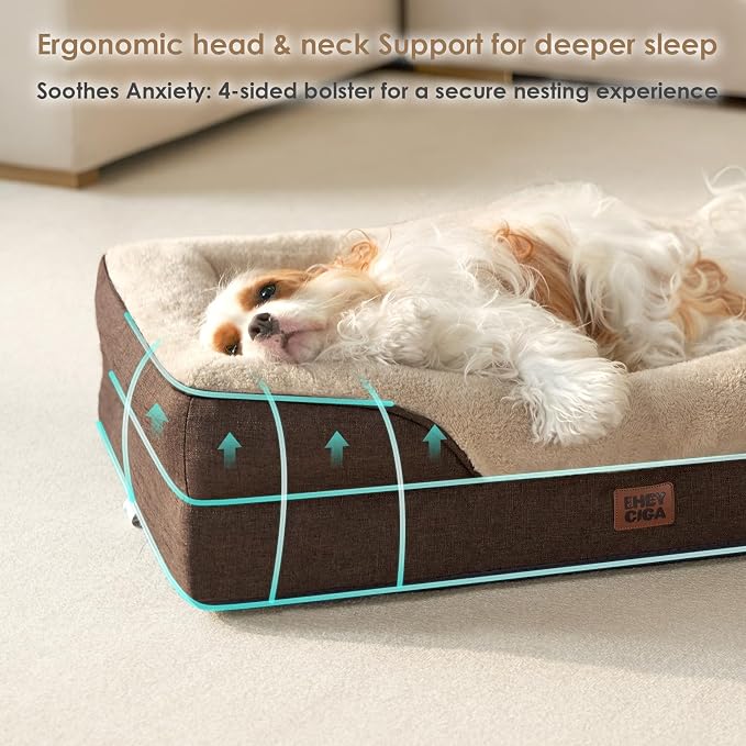 EHEYCIGA Orthopedic XL Dog Bed for Large Dog, Memory Foam Dog Couch, Brown | 42x30 Inch Extra Large Sized Dog Sofa with Sides, Waterproof Liner & Washable Removable Cover, Bolster Pet Couch