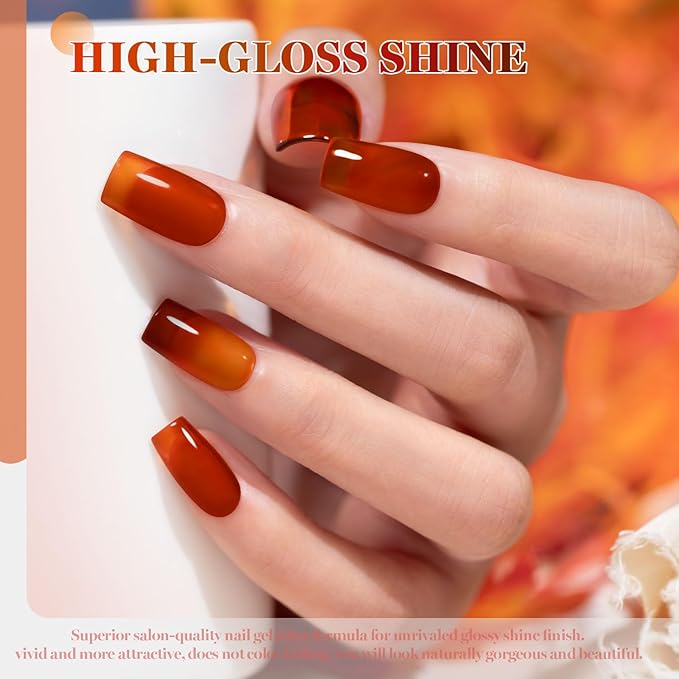 RARJSM Jelly Brown Stained Glass Gel Nail Polish Set 6pcs Clear Glazed Amber Orange Caramel Mocha Brown Wine Cherry Red Crystal Transparent Sheer Gel Varnish Curing Requires Home Salon Manicure