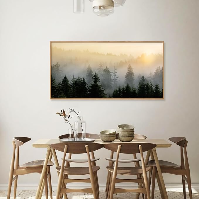 FWIEXA Misty Forest Wall Art Set Framed, Large Mountains Canvas Wall Decor, Green Nature Wall Painting, Foggy Tree Landscape Artwork 20x40 Inches for Living Room, Bedroom, Office, Gift