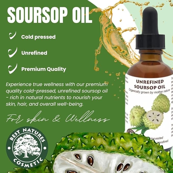 Virgin Soursop Oil (Anona Muricata, Graviola, Guanabana) – 100% Pure, Organic, Cold-Pressed, Unrefined – 4oz - 120ml – Natural Facial Oil & Moisturizer for Dry, Damaged, or Sensitive Skin