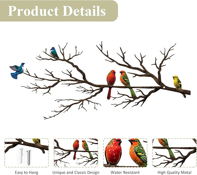 ESTART Metal Birds Wall Art, Metal Vivid Birds on Branch Silhouette Wall Decor Black Leaves with Bird Outdoor Hanging Wall Sculpture for Home Balcony Garden (Vintage Color, Small)