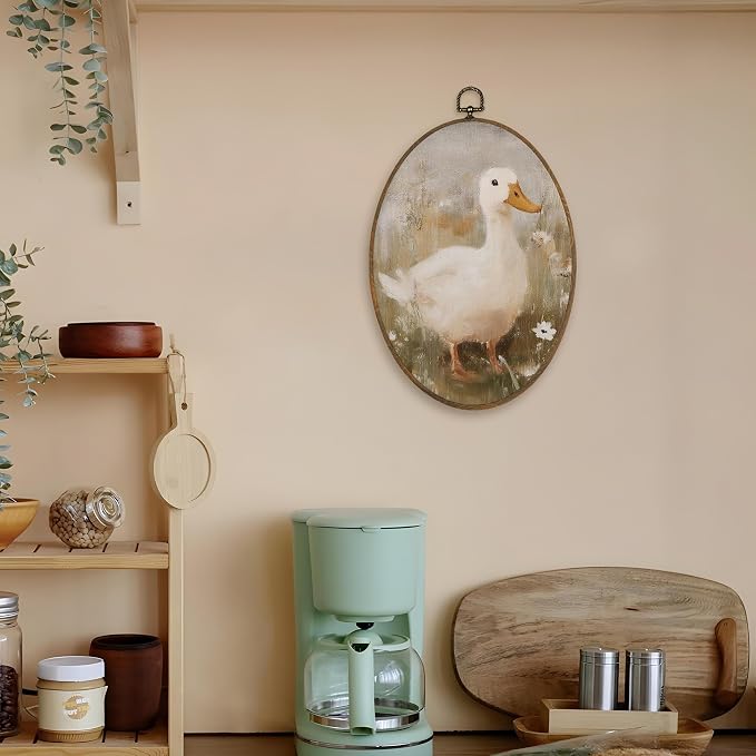 LKETW Vintage Farmhouse Duck Oval Wall Art Decor, Cottagecore Duck Wildflower Oval Canvas Hanging Decor, Rustic Farm Animal Wall Decorations for Home Bedroom Living Room, 8.6x11.4 Inch