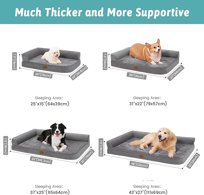 COZY KISS Orthopedic Dog Bed for Extra Large Dogs, L Shaped XXL 48x32 inch | Non-Slip Bottom Soft Pet Sofa with Washable Removable Waterproof Cover, Egg-Crate Foam Couch with Portable Handle, Grey