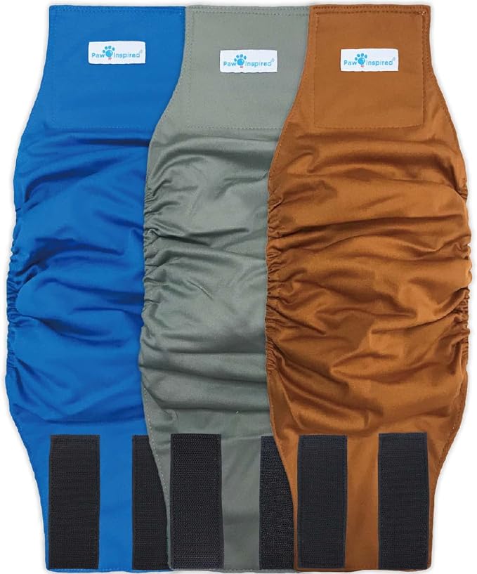 Paw Inspired Washable Male Dog Wraps, Assorted/Black Lining, Medium, 3 Pack | M Size, Blue/Green/Brown Colors, Reusable Cloth Belly Bands for Potty Training, Marking, Incontinence, Travel, Surgery