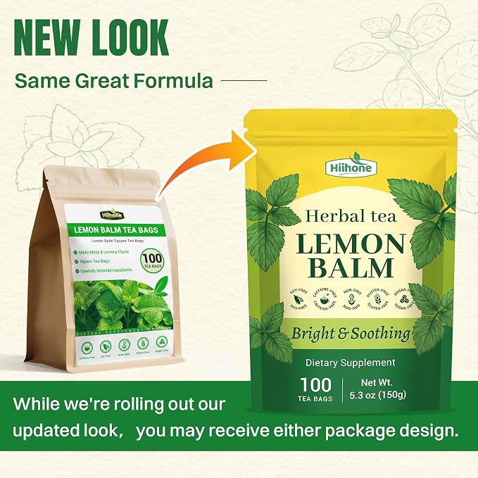 Hiihone Lemon Balm Tea Bags 100 Count – Pure & Natural Lemon Balm Tea, Caffeine-Free Herbal Tea, Calming & Soothing, Non-GMO, Fresh Citrusy Flavor
