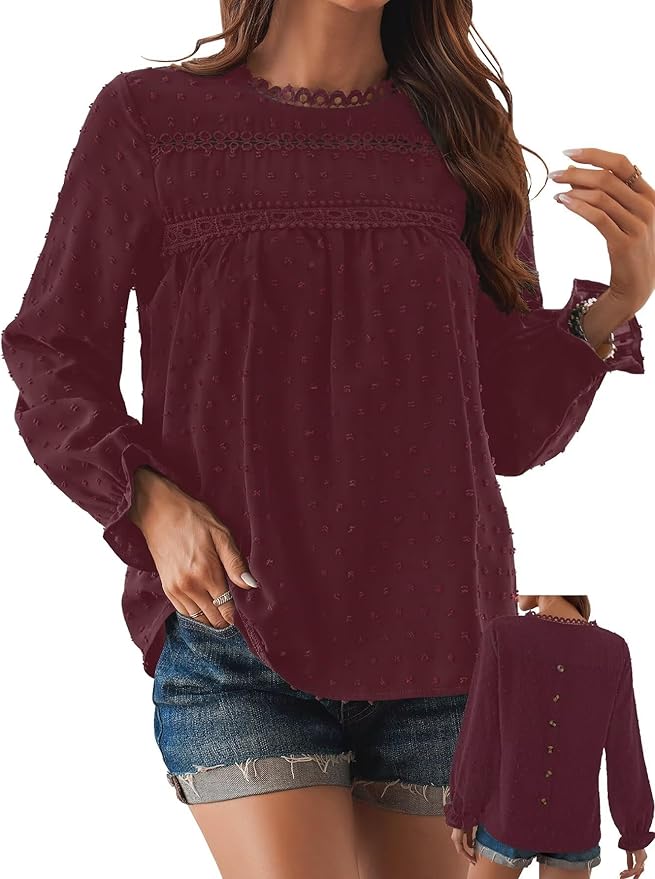Womens Boho Tops Long Sleeve Shirts For Women Cute Crewneck Blouse Dressy Casual Swiss Dot Crochet Hollow Top 2026