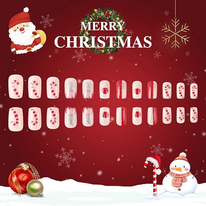 Christmas Glitter Gnome Press on Nails Medium Winter Xmas False Nails Glossy Square Acrylic Glue on Nails Full Cover Christmas Fake Nails for Women Girls