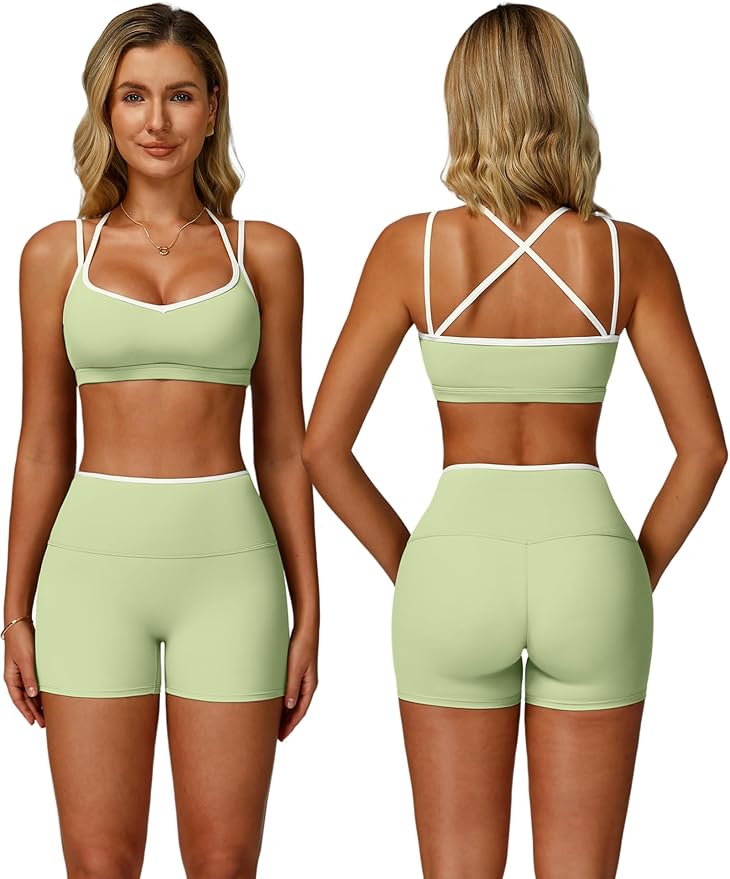 ABOCIW Workout Sets for Women 2 Piece Color Block Strappy Sports Bra High Waist Shorts Gym Yoga Pilates Outfits