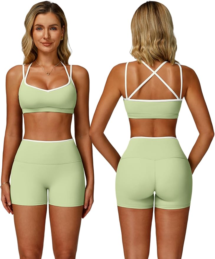 ABOCIW Workout Sets for Women 2 Piece Color Block Strappy Sports Bra High Waist Shorts Gym Yoga Pilates Outfits