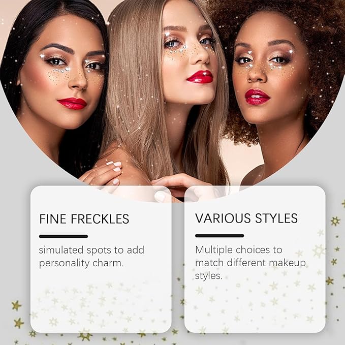 Gold Glitter Freckles Face Tattoo Makeup - Fake & Faux Freckles, Sparkle, Waterproof, Temporary Face Tattoos - Jewels & Stickers - 13 Sheets for Women