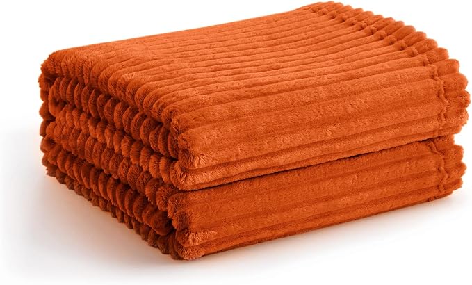 Vessia Flannel Fleece Orange Throw Blanket for Couch, Lightweight Warm Cozy Soft Striped Bed Throw for Adults and Kids, Microfiber Ribbed Sofa Blanket for All Season