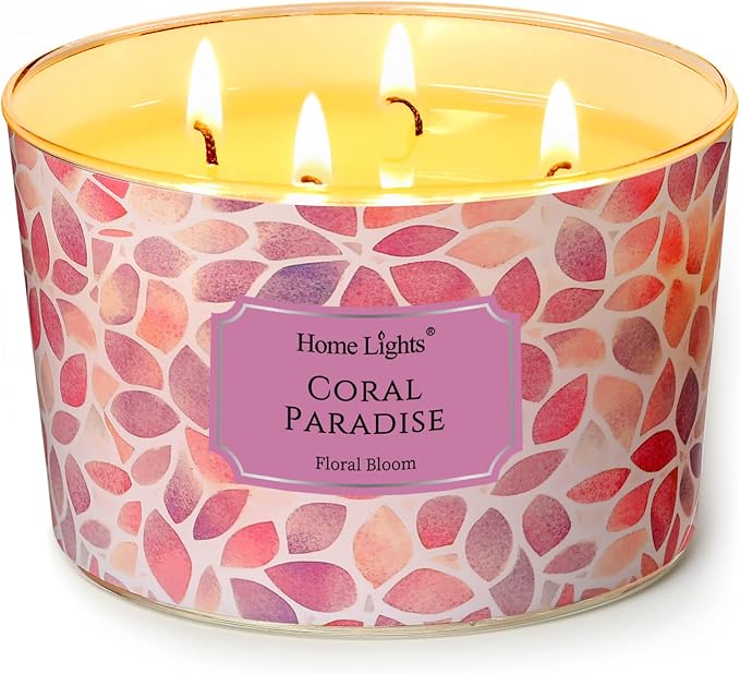 HomeLights Coral Paradise Scented Candles | 18oz Soy Candles Bohemian Natural Textures 4-Wick Large Candle Jars | Ideal Candle Gifts for Events, Home Decor Stress, Relief & Relaxation