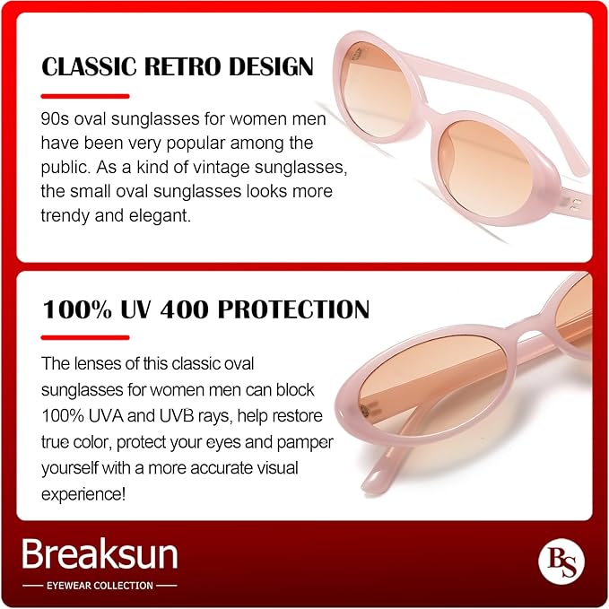 Breaksun Retro Oval Sunglasses for Women Men Fashion Small Oval Sunglasses 90s Vintage Shades