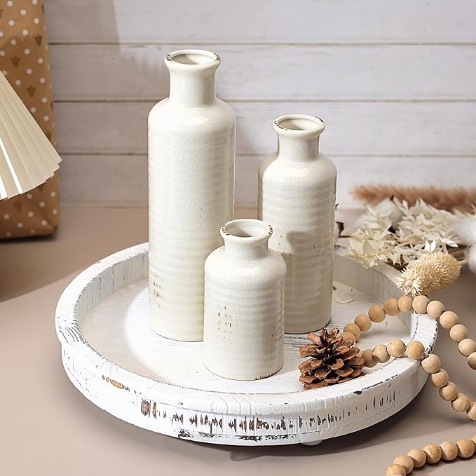 White Ceramic Vase Set of 3, Rustic Vase for Farmhouse Shelves Waterproof | Farmhouse Vases for Pampas Grass & Dried Flowers, Rustic Vase for Table Bookshelf, Living Room