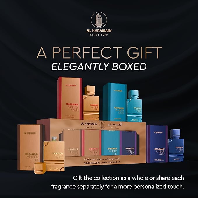 Al Haramain Amber Oud Eau de Parfum 4PC 10ML Each Mini Perfume Set for Women & Men – Cologne Gift Set, Unisex Arabian Perfume Sampler with Gold & Ruby Edition, Dubai Night and Aqua Dubai Fragrances