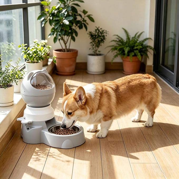 Automatic Gravity Pet Feeder Dispenser,Treat Dispenser with Button for Slow Feeder,Dog Waterer and Food Feeder for Cats Dogs (Grey)