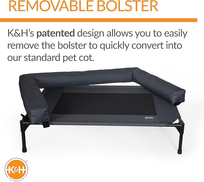 K&H Outdoor Elevated Dog Bed, Bolster Pet Cot, Medium 32x25in, Charcoal | Pet Cot for Medium & Large Pets, Washable Mesh Center Hammock with Removable Washable Bolsters, Indoor / Outdoor Dog Bed