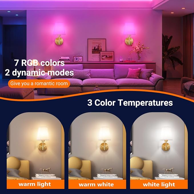 YHCDLAMP Peel and Stick Wall Sconces, No Drilling Stick On Wall Sconce, Wireless Battery Operated Wall Lights, Adhesive Wall Lamp with 10000mAh Battery Bulb for Bedroom Living Room Decor