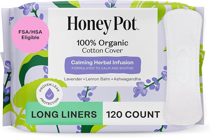 Honey Pot - Calming Long Panty Liners for Women - 100% Organic Cotton Top Sheet - Feminine Care - Non Cooling - Calming Herbs of Lavender, Ashwagandha, & Lemon Balm - 120ct