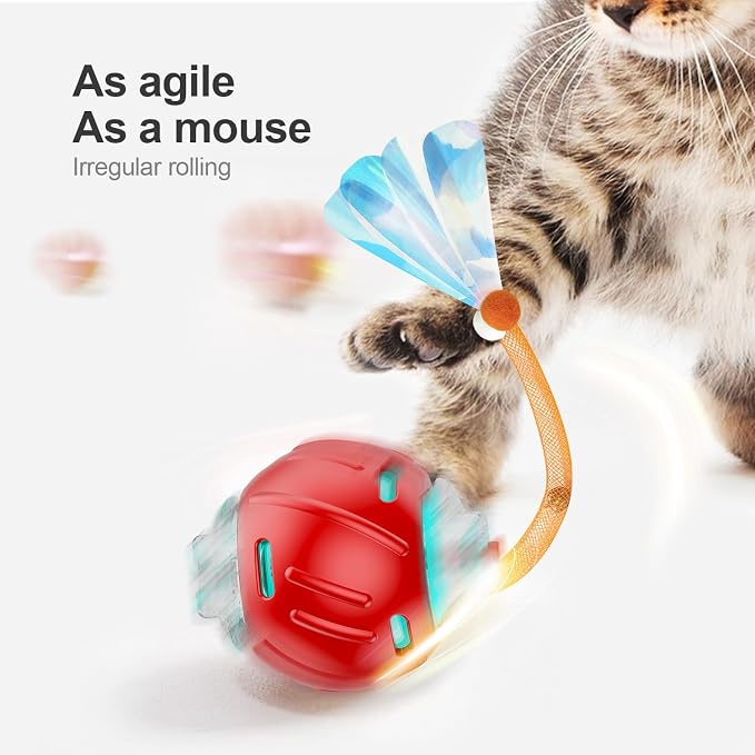 Jkanti Interactive Cat Toys for Indoor Cats,The 3rd Generation Agile Moving Cat Ball with Elastic Mesh Tail,Automatic Kitten Toys for Bored Indoor Cats (Red)