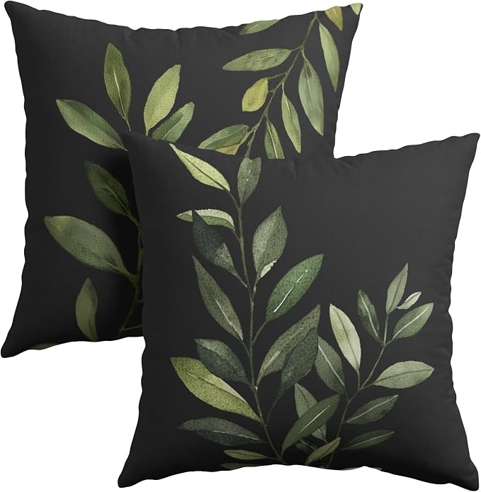 Kawani Green Leaf Throw Pillow Covers 22x22 Inch Set of 2 Spring Summer Plant Leaves Black Decorative Pillow Cases Double Side Printed Cotton Linen Cushion Cover for Couch Sofa Home Decor