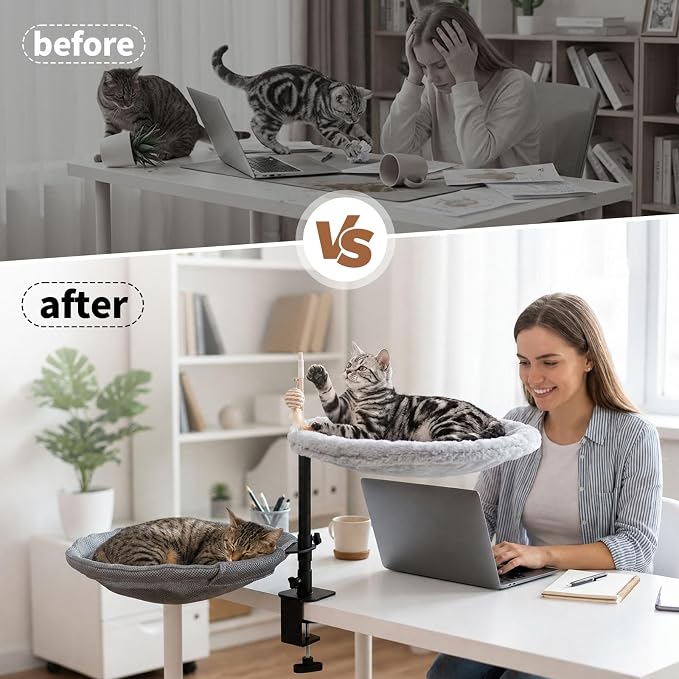 Cat Desk Bed Hammock with Clamp, 360° Desk-Mounted 15.7in Perch | Two Washable Mesh & Plush Covers, Drill-Free, Holds 40 lbs, Space-Saving Cat Furniture Fits 2 Indoor Cats & Small Pets