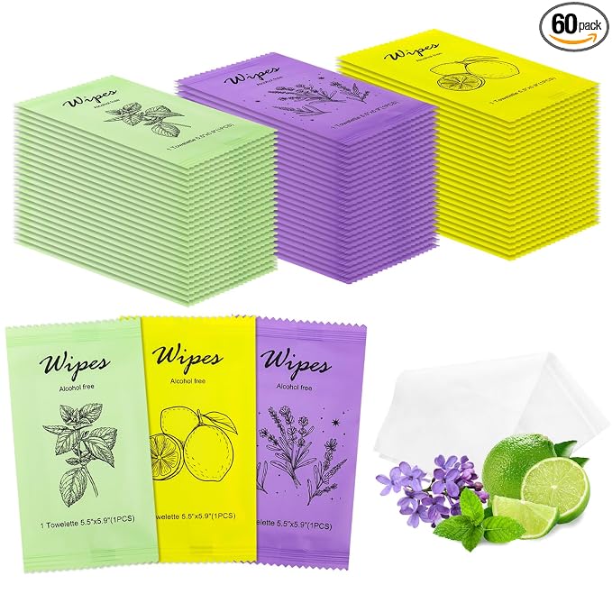 Individual Hand Wipes Wet Wipes Travel Size,Wet Wipes Individually Wrapped | 60PCS Bulk Cleansing Travel Size Wipes for Wedding Travel Restaurant Barbecue(Mint,Lemon,Lavender)