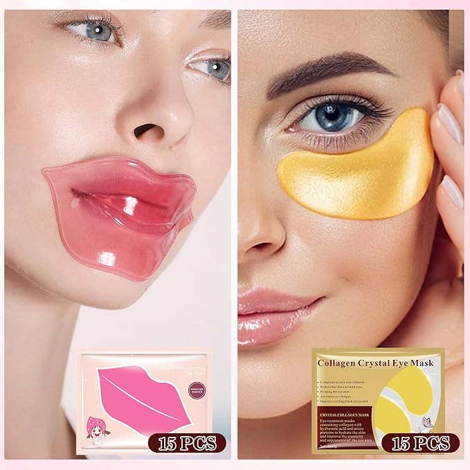 30 Pairs Under Eye Masks Set, Moisturizing Lip Mask for Dry Lips, Under Eye Patches for Dark Circles and Puffiness, Reducing Fine Lines