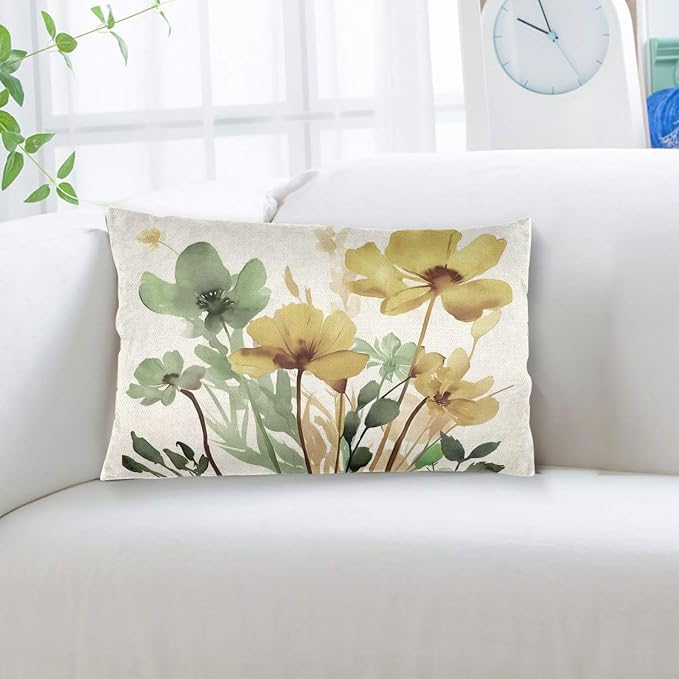 Floral Pillow Covers 12x20 Inch Set of 2 Sage Green Yellow Floral Throw Pillow Cover Outdoor Modern Spring Summer Flower Decor Pillowcase Farmhouse Decorative Lumbar Cushion Cover for Home Sofa