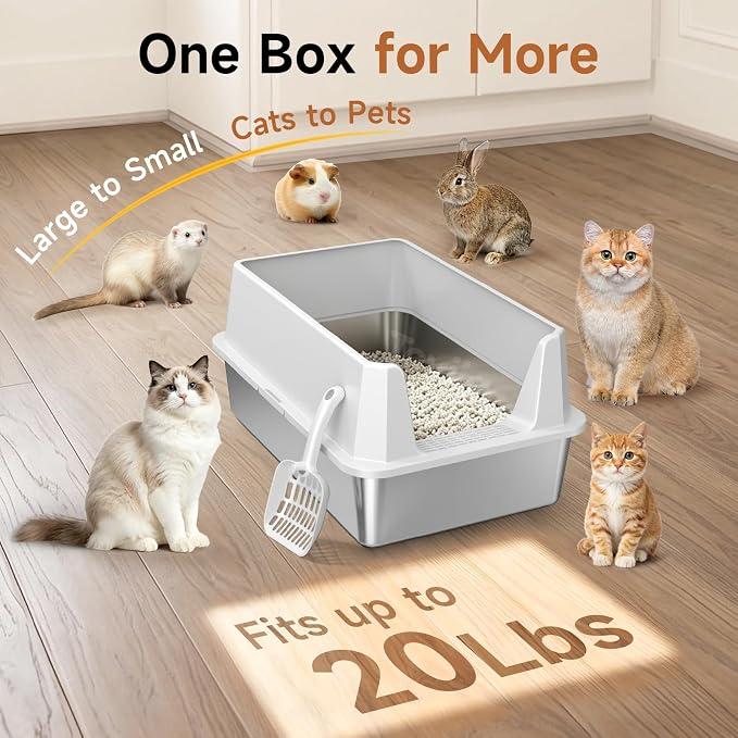 XL Stainless Steel Cat Litter Box with Plastic Enclosure & Scoop | Large Size,High Sided,Easy Clean, Odor Control,Non Stick, Anti-Leak,Open Top