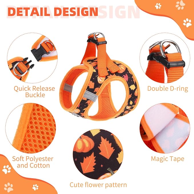 KOOLTAIL Fall Dog Harness and Leash Set for Small Medium Dogs, Thanksgiving Step in No Pull Comfort Padded Pet Vest, Adjustable Reflective Easy Walking Puppy Cats Harness Training, Leaf & Pumpkin S