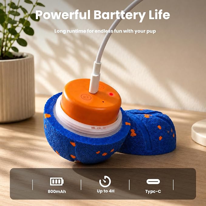 Smart Interactive Dog Toys, 3 Modes Automatic Rolling Ball, Chase Pet Toy with Rope & Barking Sound, Chew Resistant E-TPU, IPX7 Waterproof Rechargeable Ball for Medium Large Dogs, Blue