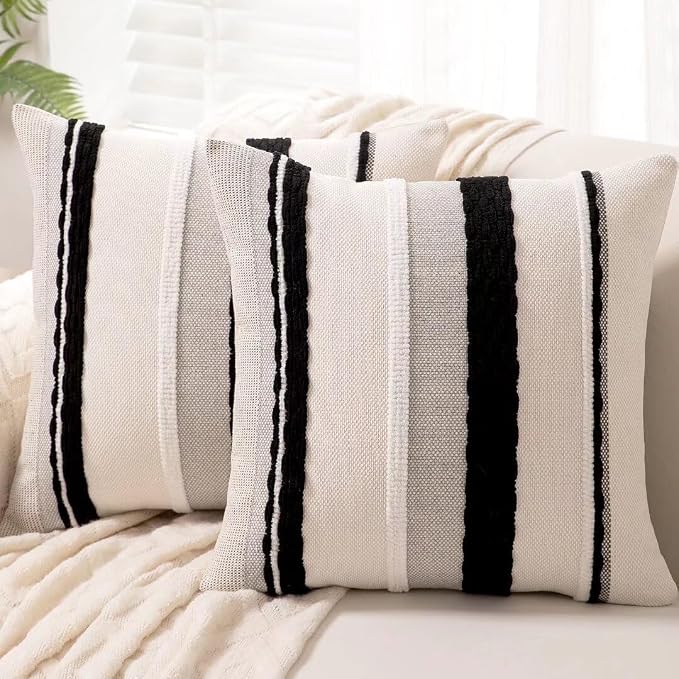 Boho Throw Pillow Covers Decorative Neutral Farmhouse Pillow case | 18x18 Set of 2 Cushion Case Striped Square Pillows Cover Couch Pillow Cases Accent Pillowcase for Sofa Bed,Black and White