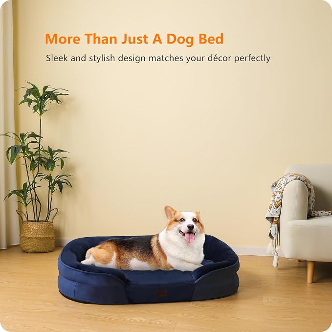 Dwanton Orthopedic Waterproof Medium Dog Bed Sofa, Gel Memory Foam, 36" | Egg-Crate Foam Dog Sofa, Washable Pet Bed with Four Sided Bolster Cushion, Removable Cover & Non-Slip Bottom, Navy Blue