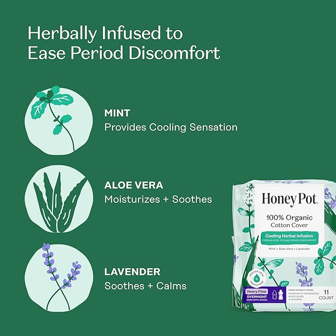 The Honey Pot Company - 44ct - Herbal Sanitary Pads for Women - Heavy Flow Overnight w/Wings - Infused w/Essential Oils for Cooling Effect & Organic Cotton Cover - Feminine Care