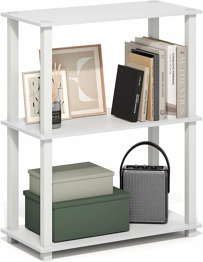 Furinno Turn-S-Tube Storage Shelves, 3-Tier Book Shelf, Corner Shelf, Toolless Open Frame Standing Shelves, for Organization and Storage, Living Room, Garage, Home Office, White