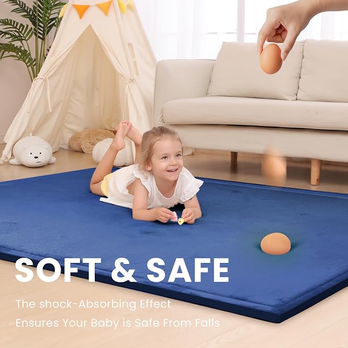 Huloo Sleep Baby Play Mat for Floor,1.3" Thick Elasti-Foam 50x50 Playpen Mat for Toddlers Infant Kids,Water-Repellent Soft Coral Velvet Tummy Time Non Slip Crawling,Tatami(Dark Blue)