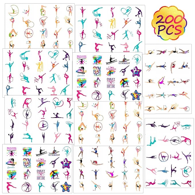 Gymnastic Temporary Tattoos Birthday Themed Party Supplies Decorations Favors 10 Sheets 200PCS Sport Decor Cute Stickers Class School Prizes Gift Kids Boys Girls Carnival Christmas Reward Multicolor