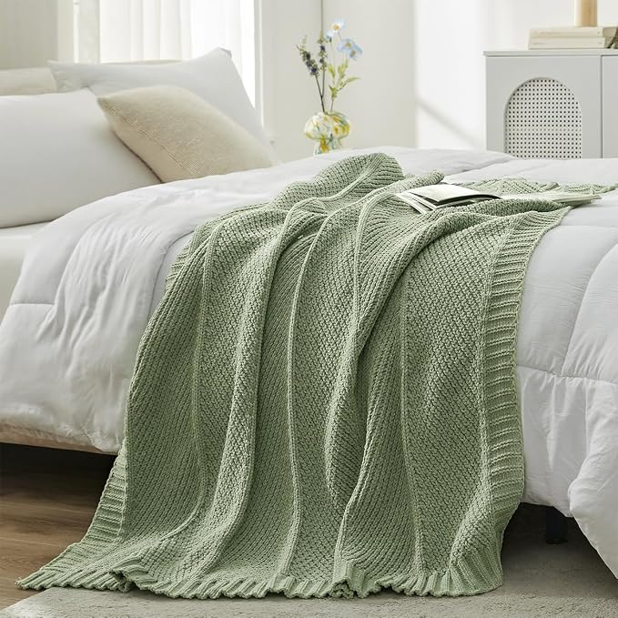 Knit Throw Blanket, Soft Chenille Cozy Breathable Chevron Chunky Decorative Blanket for Couch, Bed & Sofa, French-Inspired Lightweight Warm Gift for Women, Sage Green, 50"x60"