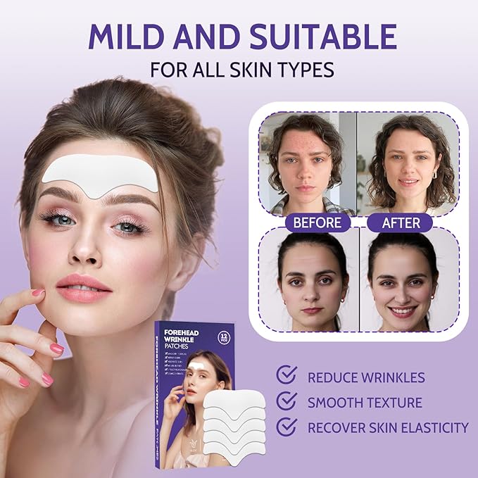 Forehead Wrinkle Patches - 12 Pcs Collagen Anti-Aging Face Patches for Frown Lines Treatment, Overnight Facial Wrinkle Reducer with Hyaluronic Acid & Vitamin E, Smooth Fine Lines & Forehead Wrinkles