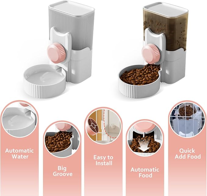 Hanging Cage Auto Pet Food Bowl Water Bottle Dispenser, 1L, Pink | Auto Gravity Pet Feeder and Waterer Set, Kennel Feeding Station, Crate Feeder Dish, For Rabbit Puppy Cats Ferret