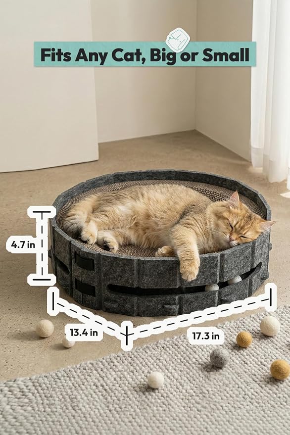 Cat Scratcher Bed, Oval Cardboard Cat Scratcher for Indoor Cats, High-Density Ergonomic Curved Cat Scratch Pad with Bell Ball Toy for Sleeping, Scratching & Mental Enrichment (Dark Gray, M)