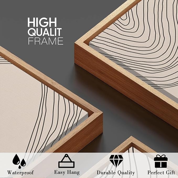 Large Beige Abstract Wall Art Framed Neutral Modern Canvas Wall Decor Minimalist Line Wave Painting 24x36 Inch Pictures Set of 3 for Living Room Bedroom Dining Room
