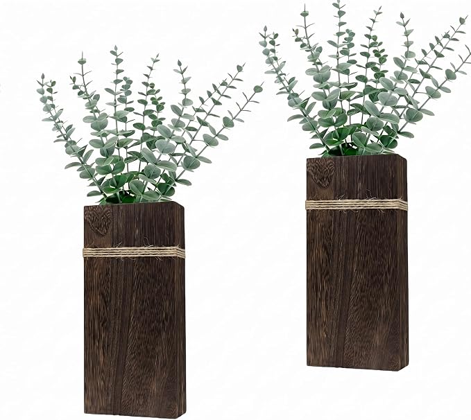 Wall Planters for Indoor Plants Set of 2, Rustic Boho Wood Wall Vases for Dried Flowers & Artificial Plants, Modern Farmhouse Home Decor for Living Room Bedroom Kitchen Dining Room - Dark Brown