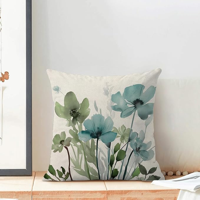 Spring Floral Pillow Covers 18x18 Inches Set of 2 Sage Green Teal Floral Throw Pillow Cover Outdoor Summer Flower Decoration Pillowcase Farmhouse Decorative Linen Cushion Cover for Couch Sofa