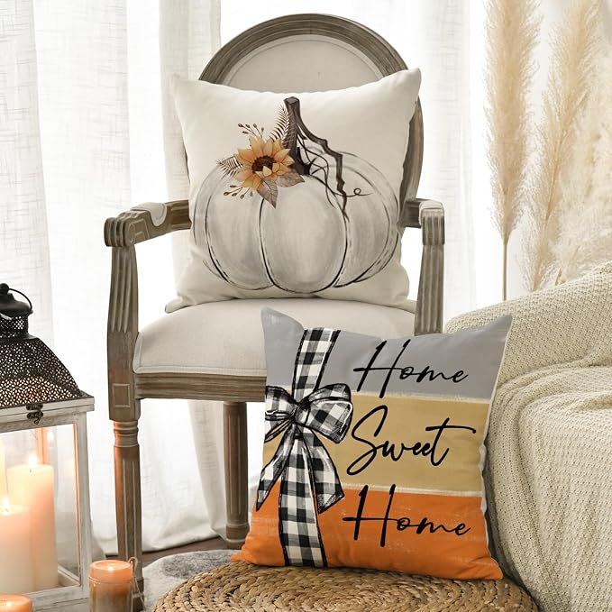 AVOIN colorlife Fall White Pumpkin Vase 18x18 Inch Pillow Covers Set of 4 | Home Sweet Home Autumn Thankful Grateful Blessed Harvest Floral Seasonal Harvest Decoration Sofa Couch Farmhouse Decor
