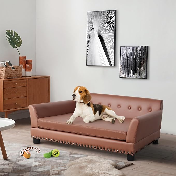 Large Leather Dog Sofa: Scratch Resistant Pet Couch up to 77lbs | Luxury Modern Indoor Dog Furniture, Elevated Wooden Frame Doggie Lounge Bed for Large Pet, Replaceable Cover, Easy Clean